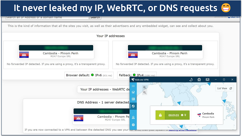 A screenshot showing hide.me passed DNS, IP leak, and WebRTC tests