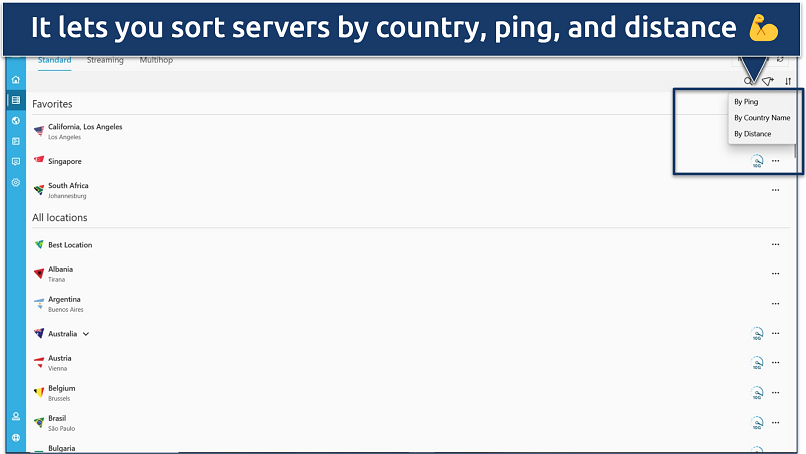 A screenshot showing hide.me let you sort its servers vy country, ping and distance