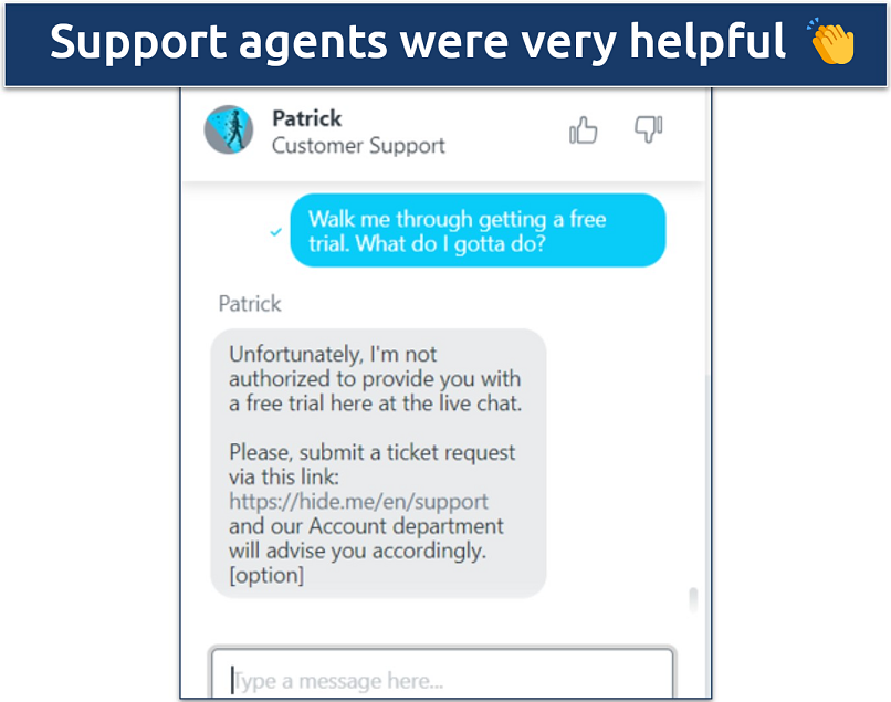 A screenshot showing hide.me's live agent assisting with obtaining a free trial