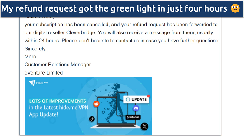 A screenshot showing hide.me's adherence to its advertised refund policy