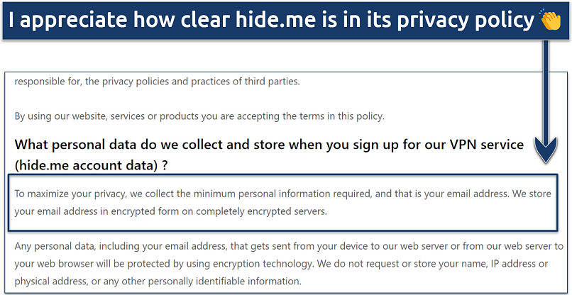 A screenshot showing sections of hide.me's policy that confirms that VPN doesn't log sensitive information