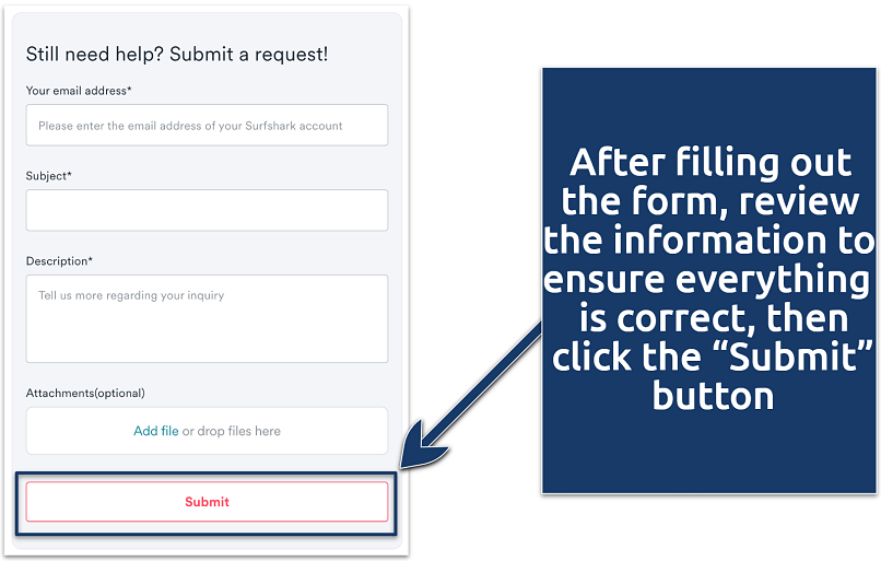 Screenshot of submitting a request on the Surfshark page