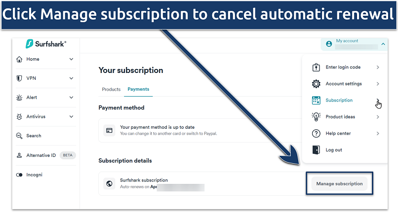 Screenshot showing how to cancel Surfshark subscription on a site