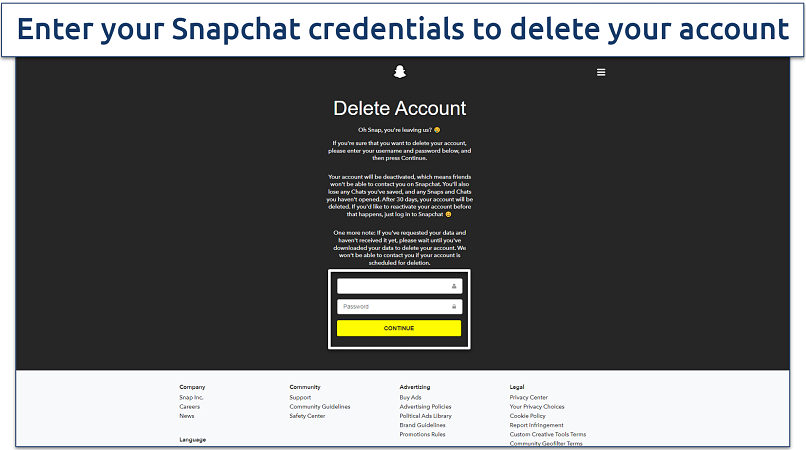 Screenshot of the Snapchat delete account page