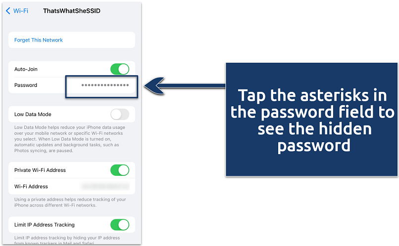 A screenshot showing where to find WiFi password details on iPhone