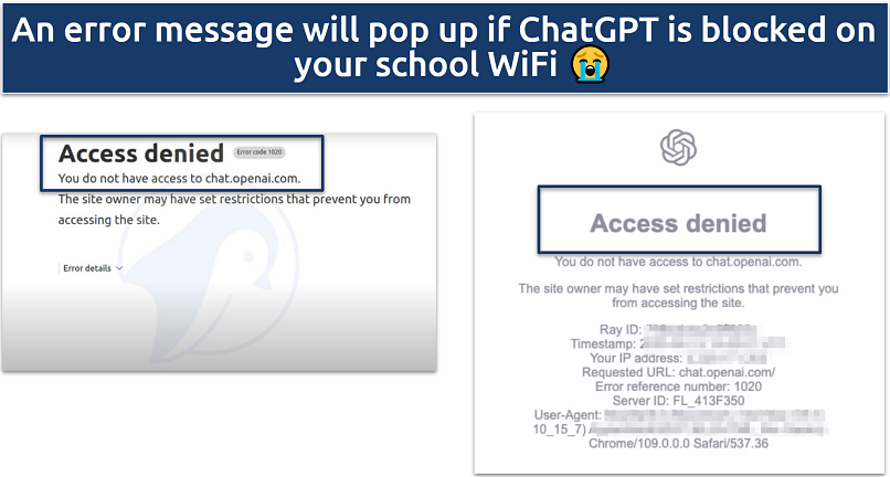 Screenshot showing two pictures of the ChatGPT access denied errors
