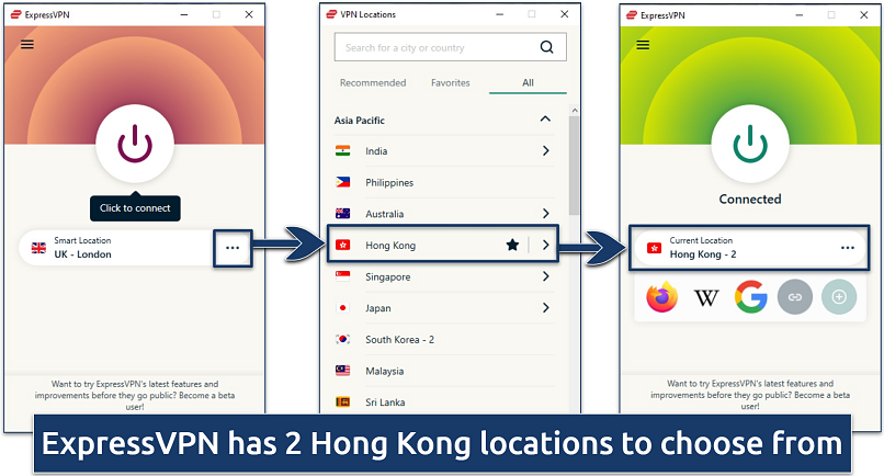 A screenshot showing how to connect to a Hong Kong server with ExpressVPN's Windows app