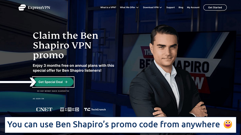Screenshot showing the Ben Shapiro landing page on the ExpressVPN website