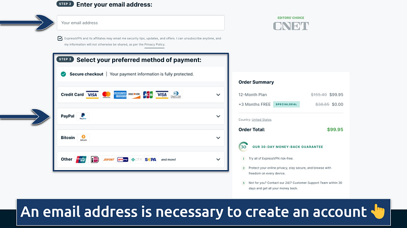 Screenshot showing the payment page on the ExpressVPN website