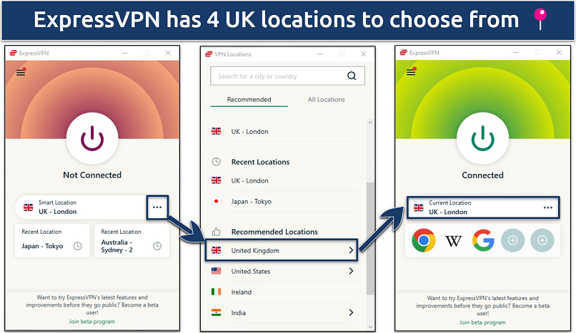 A screenshot showing how to connect to a UK server with ExpressVPN's Windows app