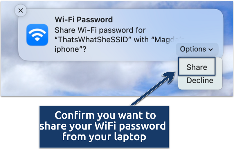 A pop up message asking to share WiFi password from MacBook