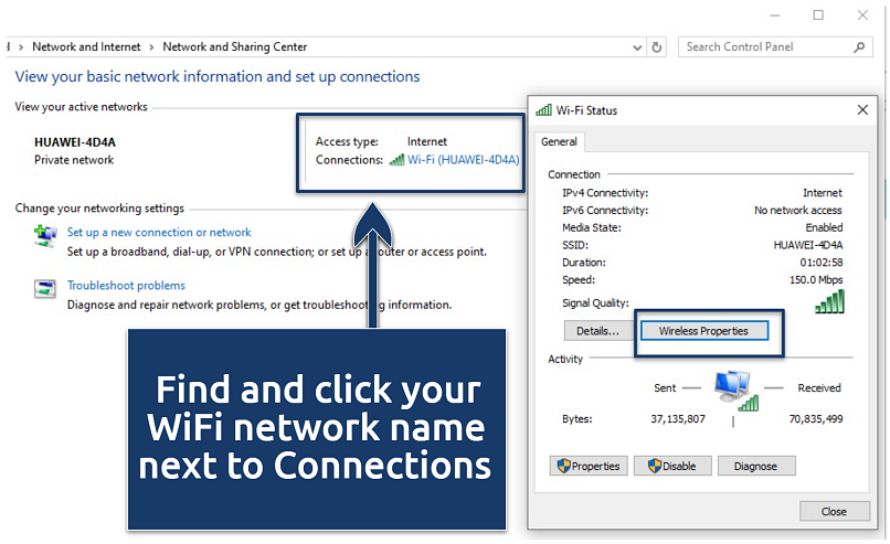 A screenshot of Windows 10 Network and Sharing Center menu