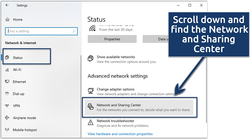 A screenshot of Network & Internet status settings on Windows 10