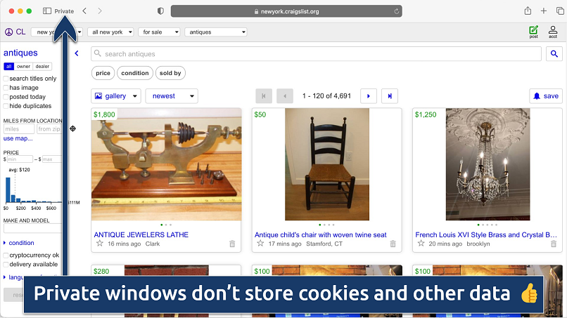 Screenshot showing Craigslist on a private browser window