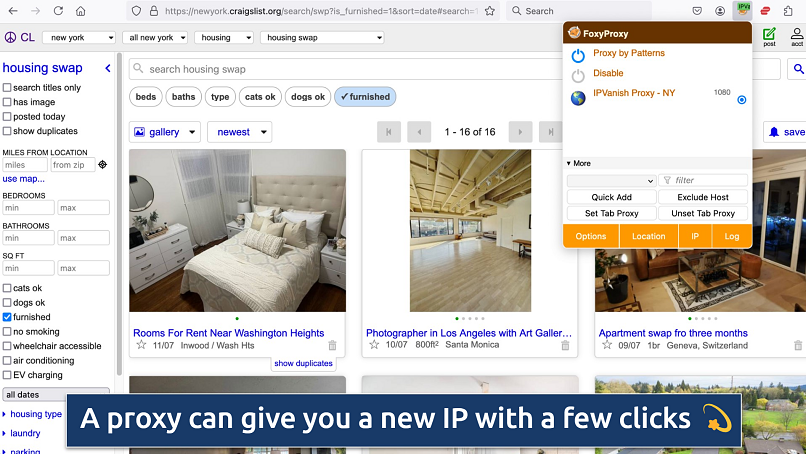 Screenshot showing the FoxyProxy app with Firefox browser displaying Craigslist