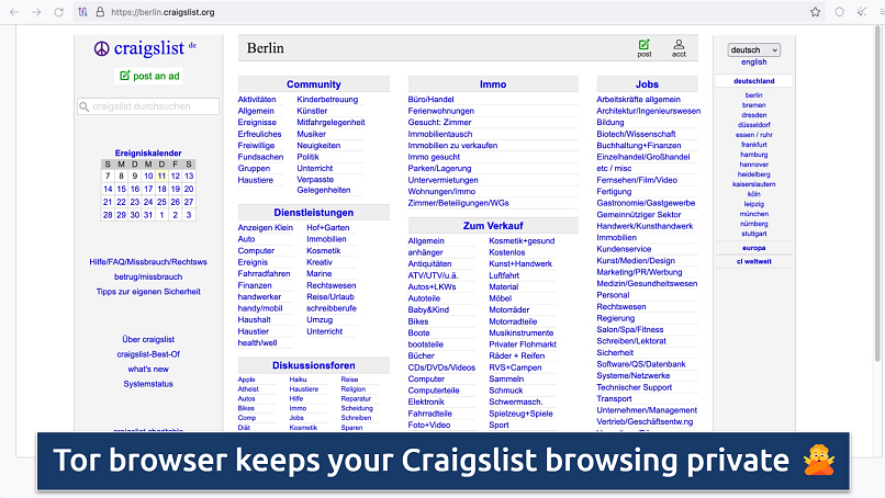 Screenshot showing Craigslist on the Tor browser