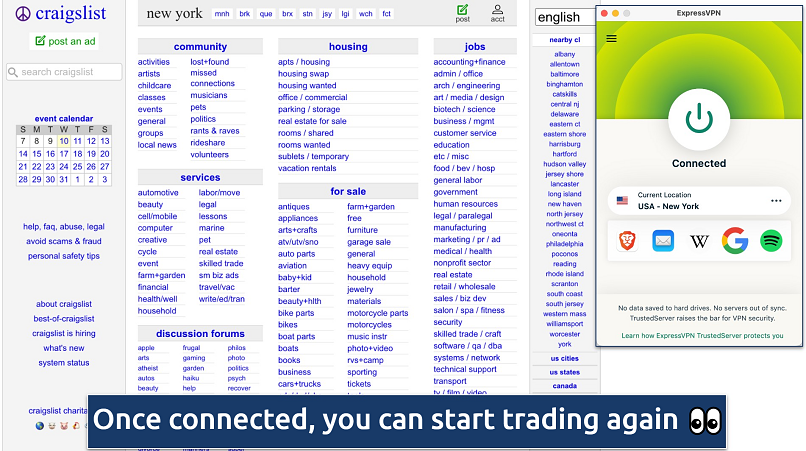 Screenshot showing the ExpressVPN app over Craigslist on a browser