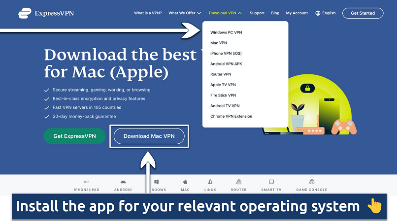 Screenshot showing the app download page on the ExpressVPN website