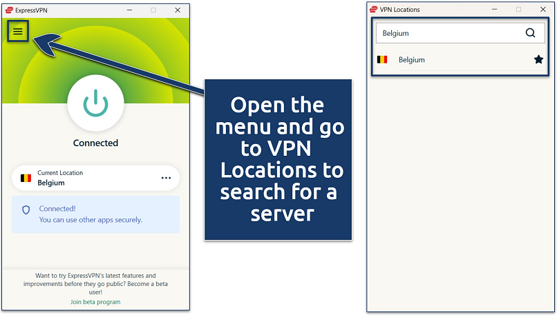 Screenshot of the ExpressVPN Windows app with an active connection to its Belgium server