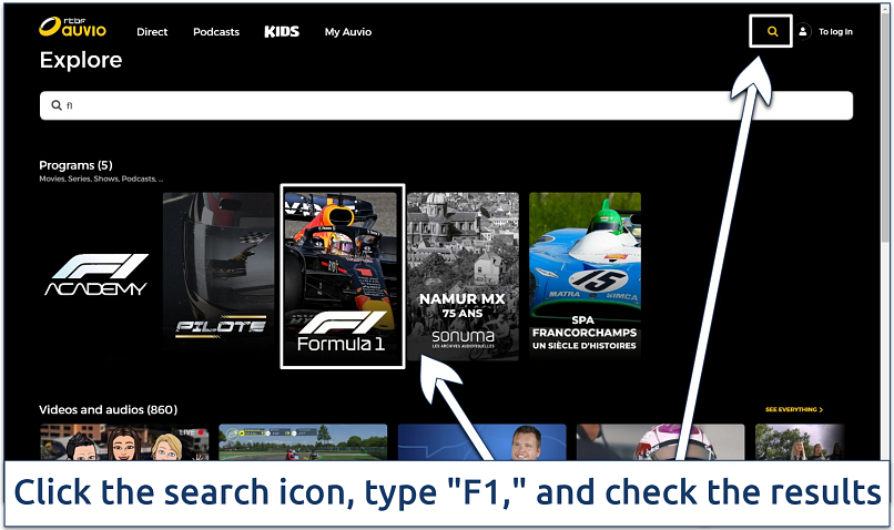 Screenshot of the RTBF search results page with the search icon and F1 tile highlighted