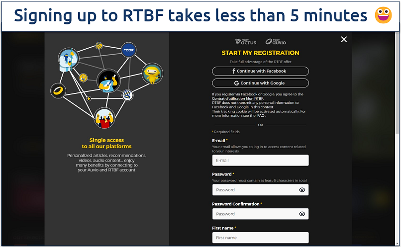 Screenshot of the RTBF sign-up page