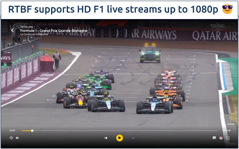 Screenshot of streaming an F1 race on RTBF in HD