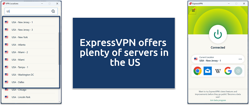 A screenshot showing ExpressVPN's US server selection