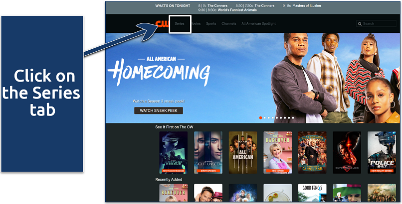 A screenshot showing CW's home page