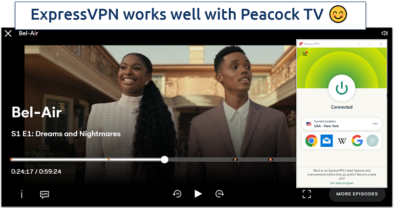 A screenshot showing Bel-Air streaming on Peacock TV with ExpressVPN connected