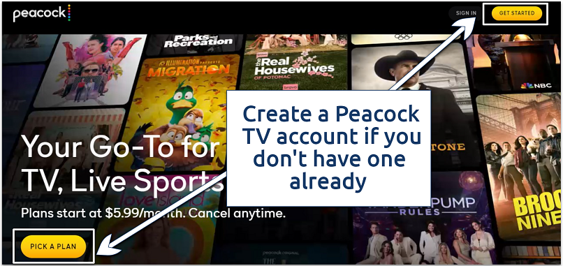 Screenshot of Peacock TV homepage