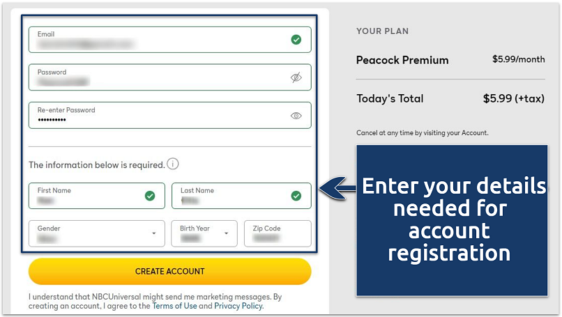 Screenshot of the Peacock TV account registration form