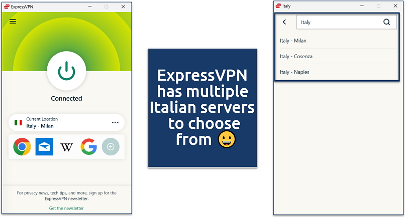 A screenshot of the ExpressVPN Windows app showing its Italian servers and an active connection to the Milan server