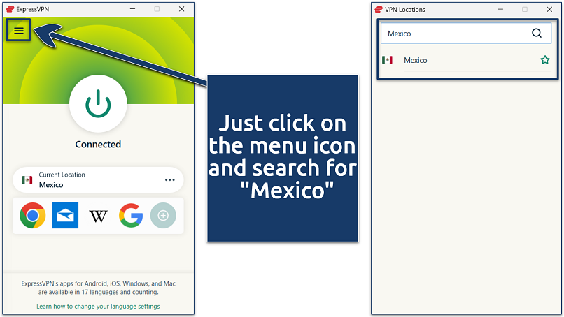 A screenshot of the ExpressVPN Windows app with an active connection to its Mexico server