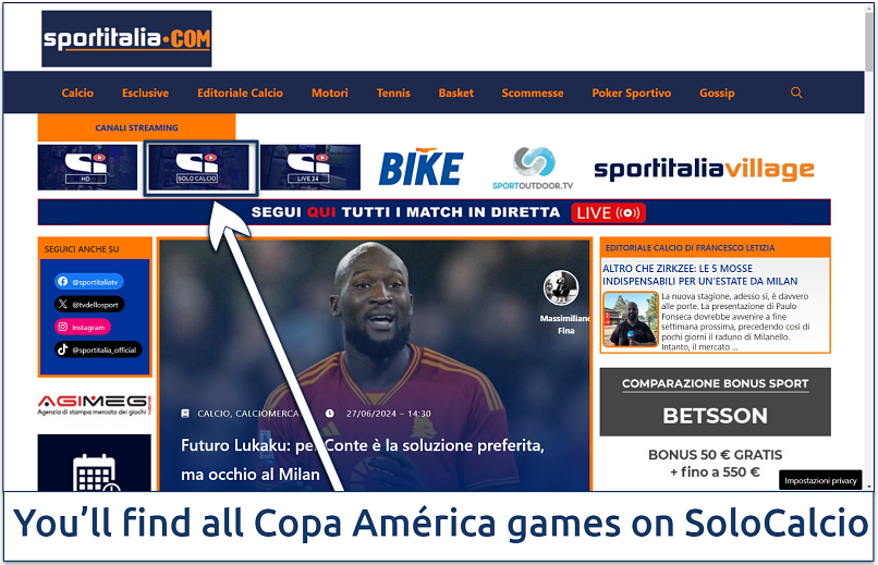 A screenshot of the Sporitalia homepage with the link to its SoloCalcio live channel highlighted