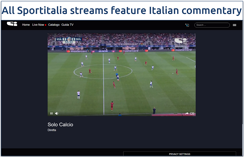 A screenshot of the Sporitalia Solo Calcio page with a live stream of a Copa América match