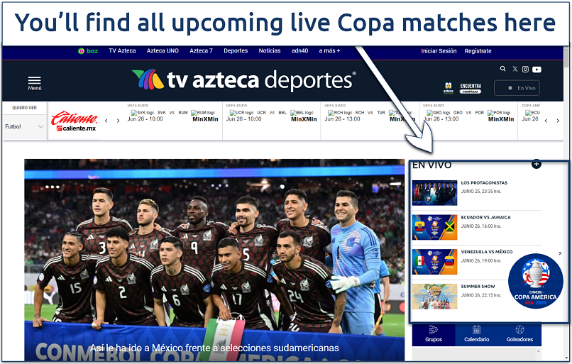 A screenshot of the TV Azteca Deportes website with the links to the live Copa America matches highlighted