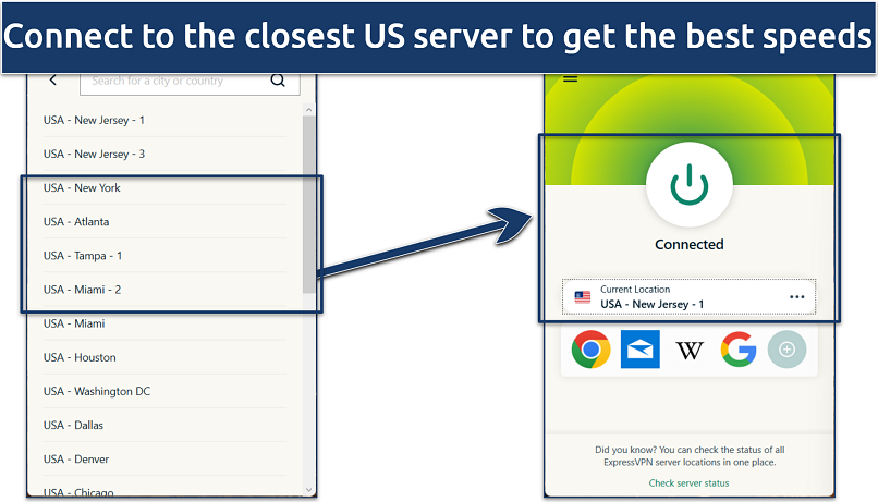 A screenshot showing ExpressVPN's server selection interface