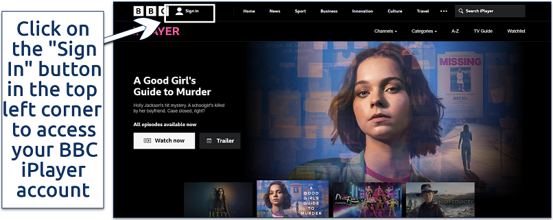 A screenshot showing the BBC iPlayer login button