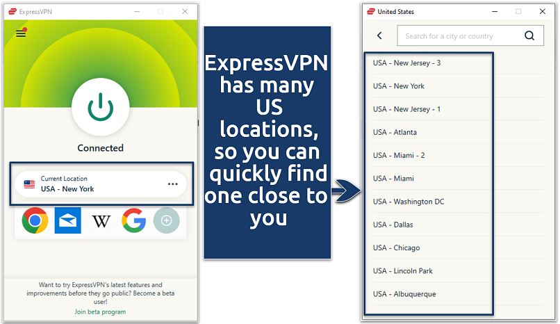 A screenshot showing US servers on the ExpressVPN app