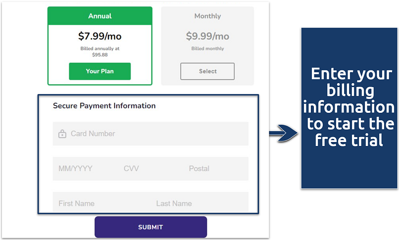 A screenshot of Frndly billing information form