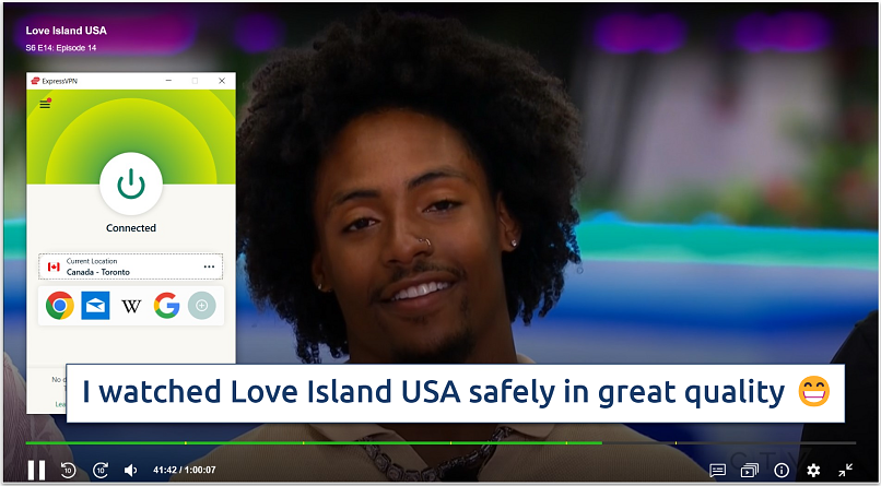 A screenshot of CTV streaming Love Island USA season 6 episode 14 while connected to ExpressVPN's Canadian server