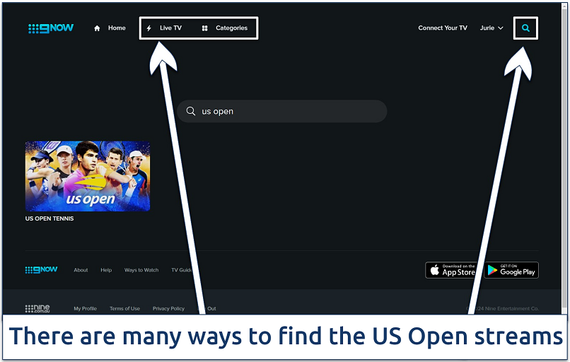 Screenshot of the 9Now streaming categories page with the navigation menu and search highlighted