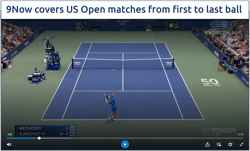 Screenshot of streaming the US Open on 9Now