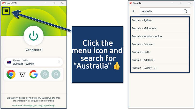 Screenshot of the ExpressVPN with an active connection to the Sydney server and the list of Australian servers