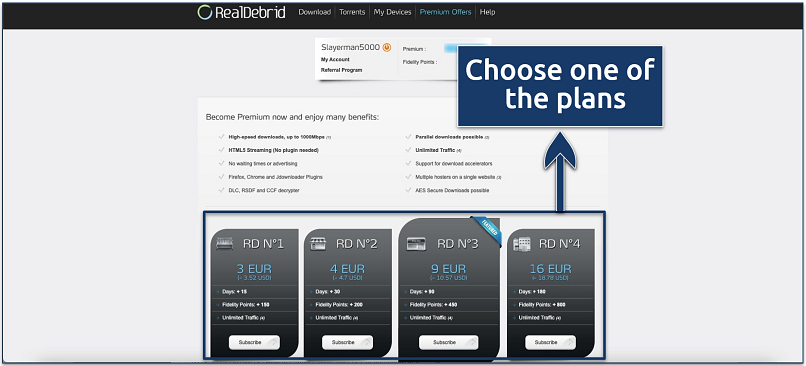 Screenshot of Real Debrid pricing page