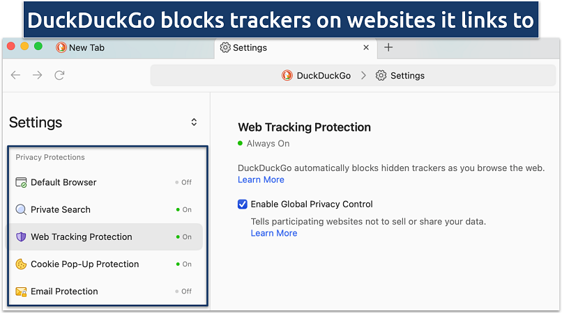 Screenshot of the DuckDuckGo settings