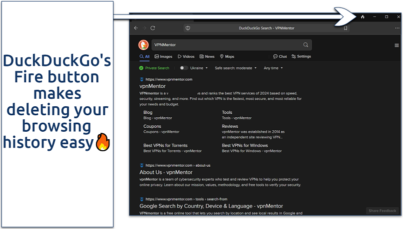 A screenshot showing how to use DuckDuckGo's Fire button