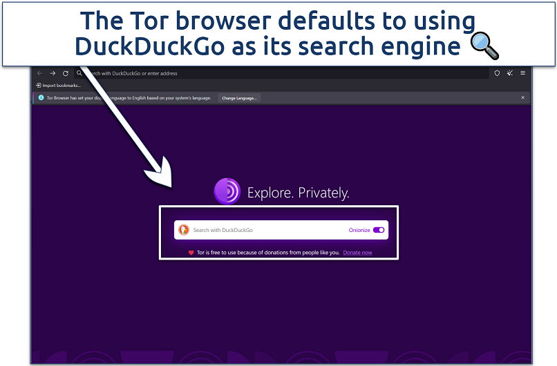 A screenshot showing Tor using DuckDuckGo as its main search browser