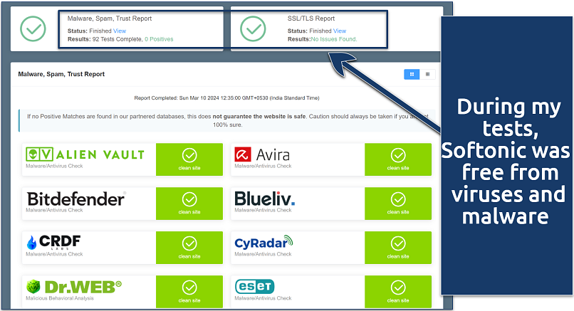 Screenshot of anti-virus check on Softonic