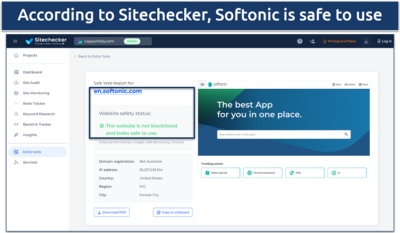 Screenshot of Sitechecker test on Softonic